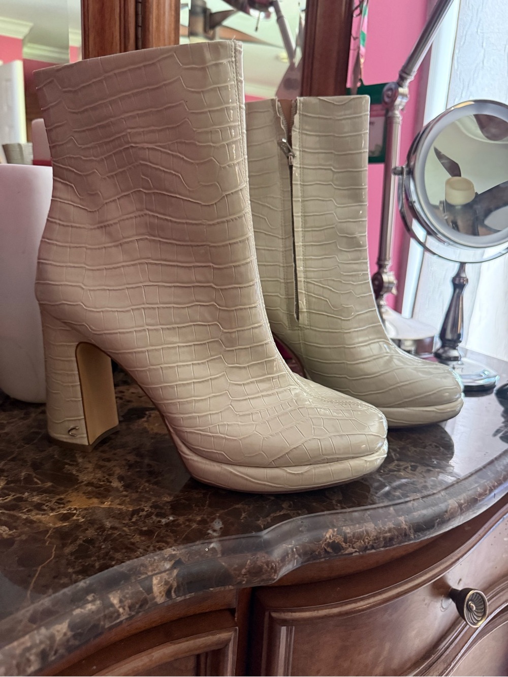 Women's Croc-Embossed Cream Ankle Boots